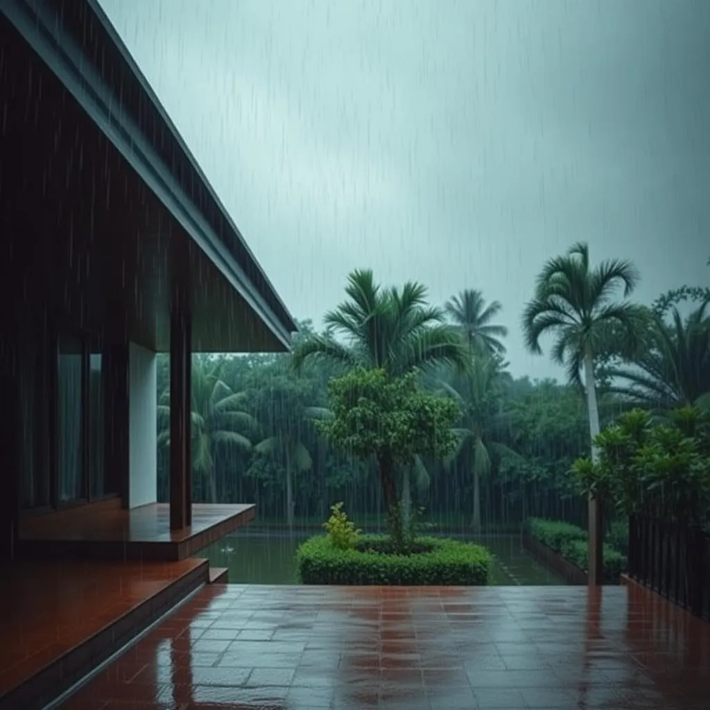 A modern home with deep eaves and a wet terracotta verandah looking out onto a rain-soaked Bengaluru garden