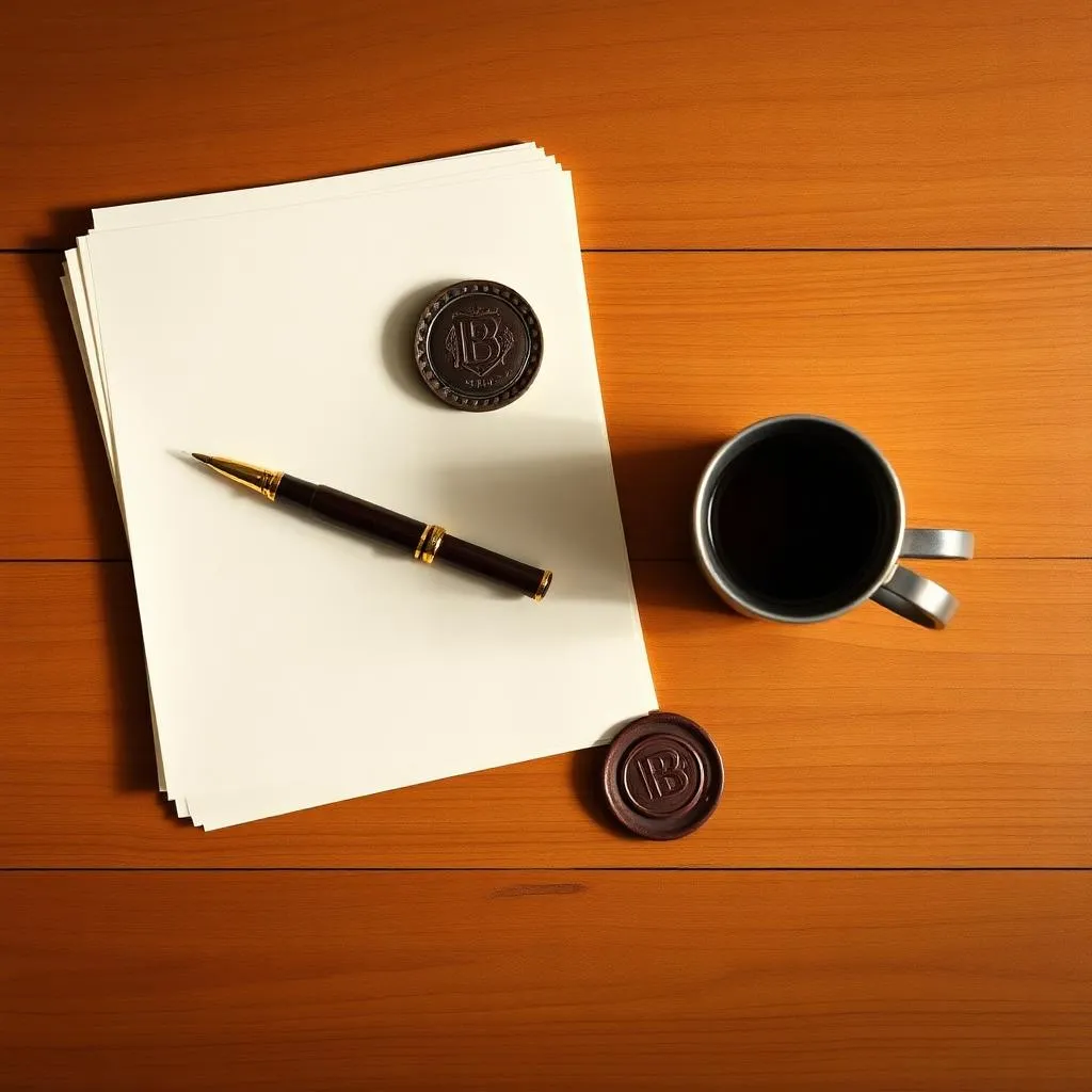 Overhead view of Indian real estate registration papers on a warm wooden desk with a fountain pen and filter coffee
