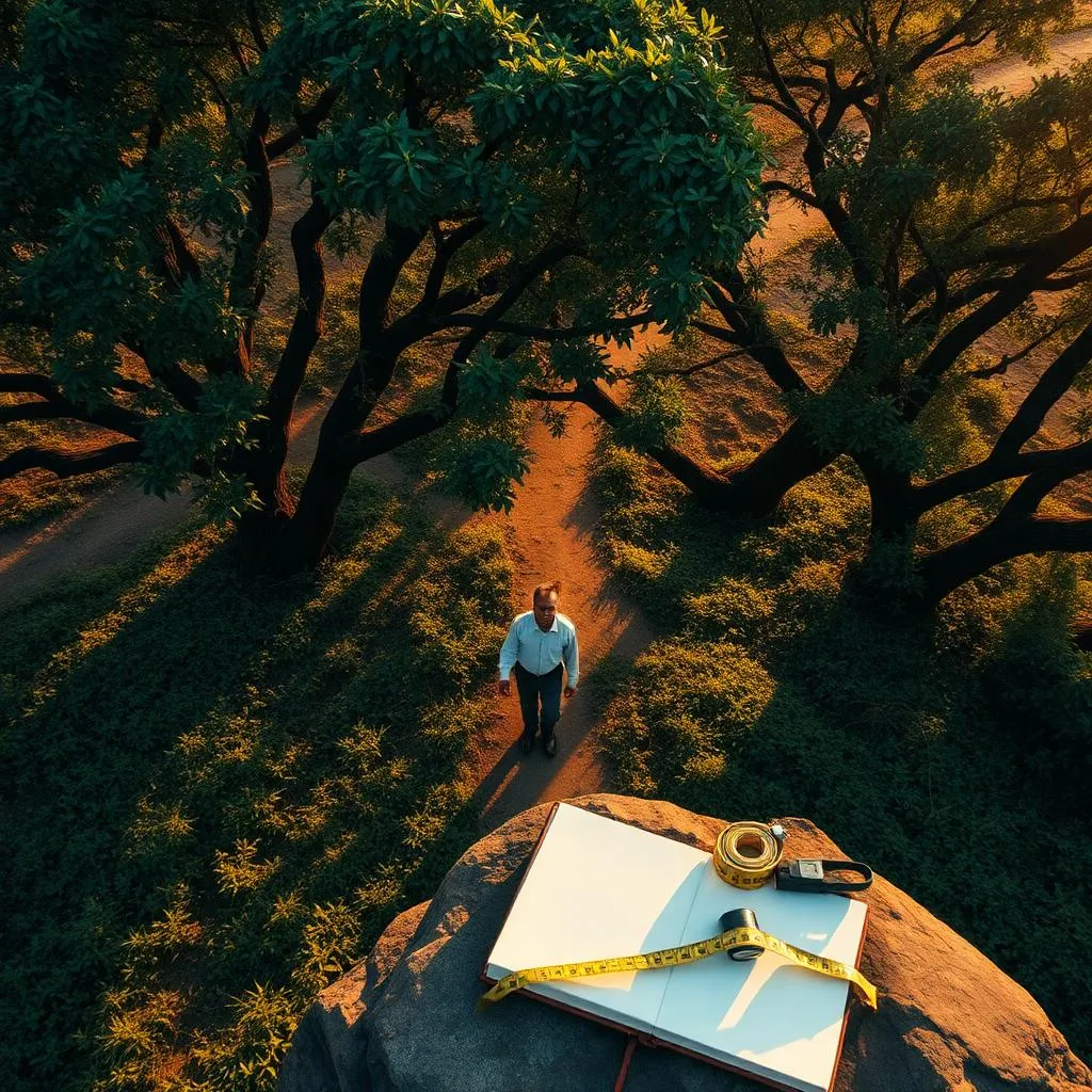Aerial view of a planner walking through a green Bengaluru site at golden hour with a sketchbook and measuring tape on a rock